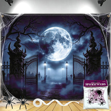 Halloween Backdrop 8x6FT with Spider Web Kit, Graveyard Cemetery Banner