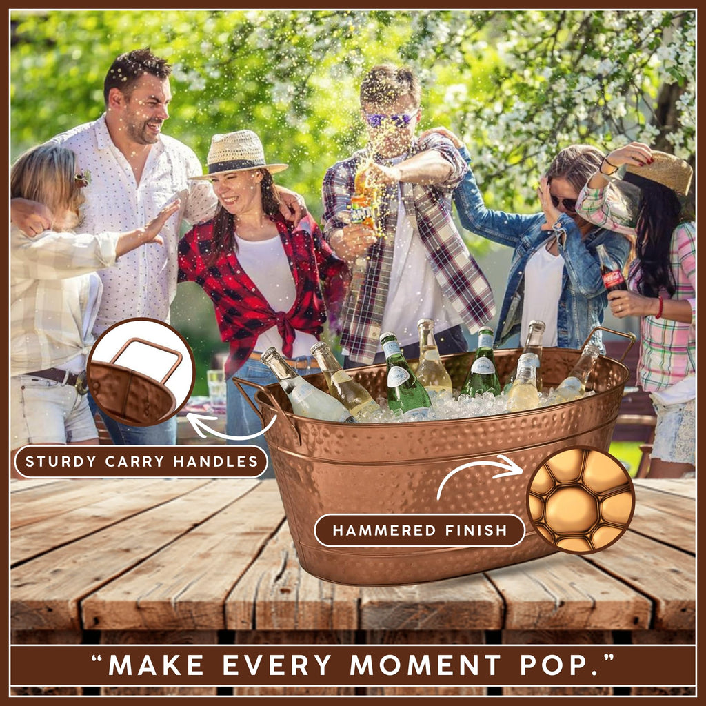 Large Oval Copper Plated Metal Tub Farmhouse Decor Beverage Cooler for Drinks Multipurpose Planter Bucket With