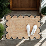 Scalloped Jute Area Rug - 2x3 Ft Natural Handwoven Rug with Black Trim - Farmhouse Boho Entryway Acc