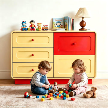 Yellow and Red 5 Drawer Dresser with Large Drawers Curved Edges | Modern Wooden 43.3" Wide Dressers, Storage