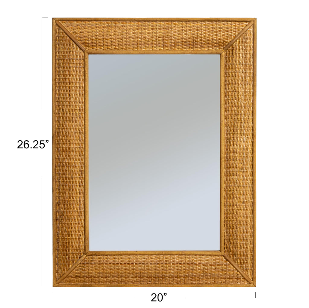 Rectangle Wood Framed Wall Mirror with Rattan Detail, Brown