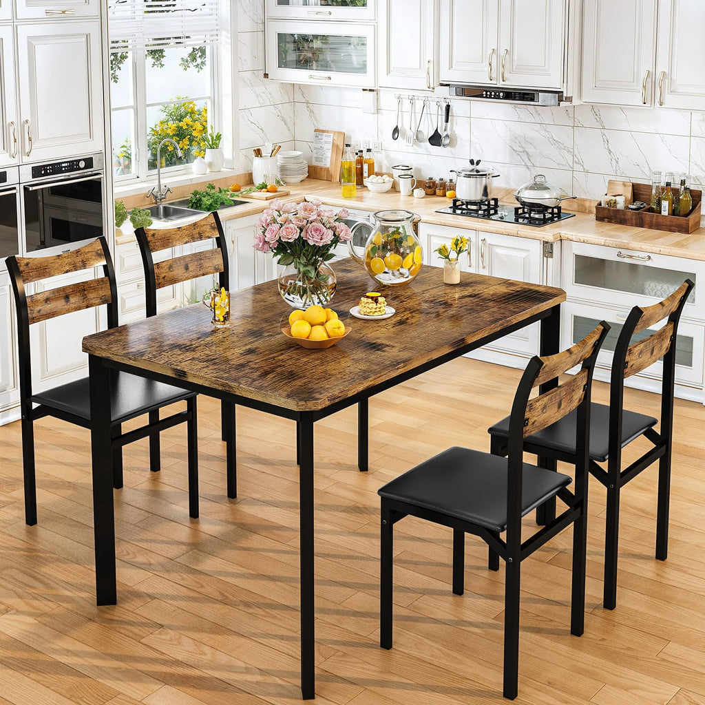 Dining Table Set for 4, 43.3" Dining Room with 4 Upholstered PU Leather Chairs, Modern Wood Table and Chairs Set