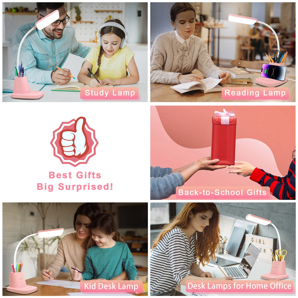 LED Desk Lamp with 10W Wireless Charging & Pen Holder, Pink