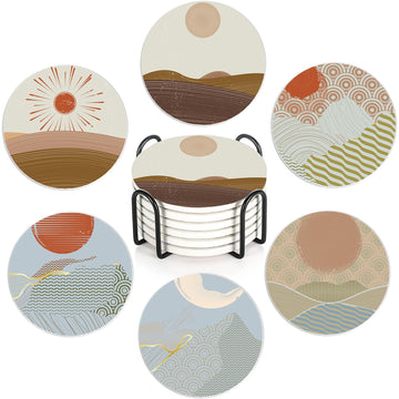 Drink Coasters with Holder, 6 Pcs Japanese Style Sun Landscape Coffee Cup Mat with Storage Holder, Durable Ceramic