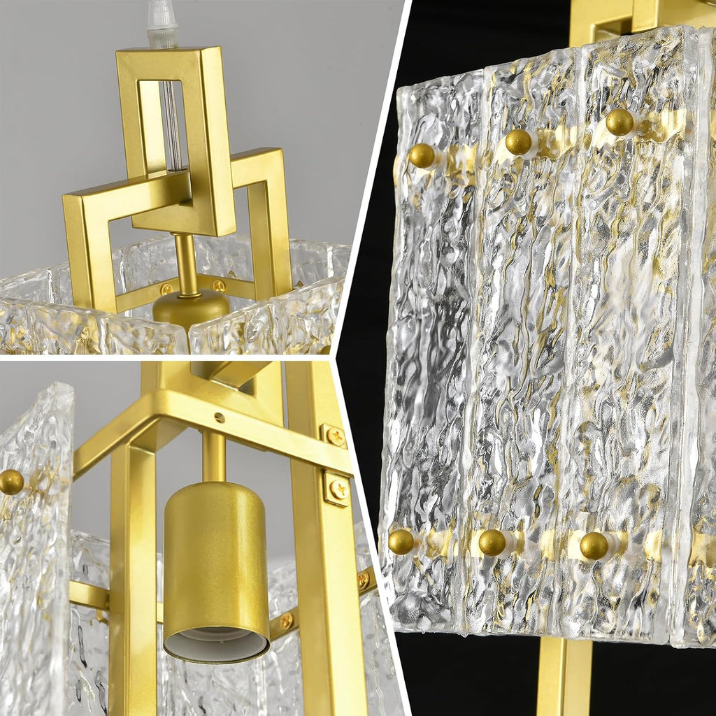 Gold Pendant Light Fixture - Modern Kitchen Island Water Ripple Glass Square Light - Adjustable Hanging Lighting for