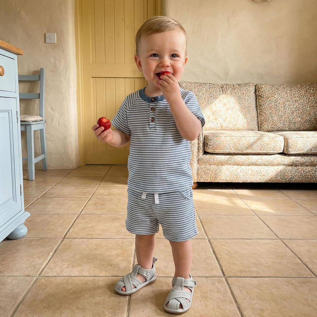 Toddler Baby Boy Clothes 6 12 Summer Outfit Waffle Knitted Stripe Casual T-shirt Tops Shorts Sets