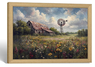 Vintage Farmhouse Landscape Canvas Wall Art Framed Home Decor 24X16 Inch