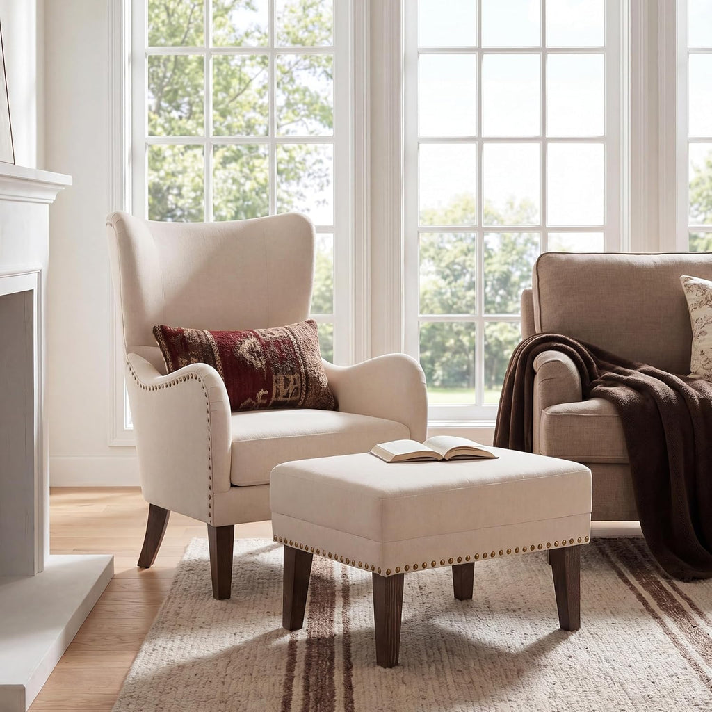 High Wingback Accent Chair and Ottoman Set, Mid-Century Modern Club Comfy Reading Armchair, Lazy Side Sofa Chair
