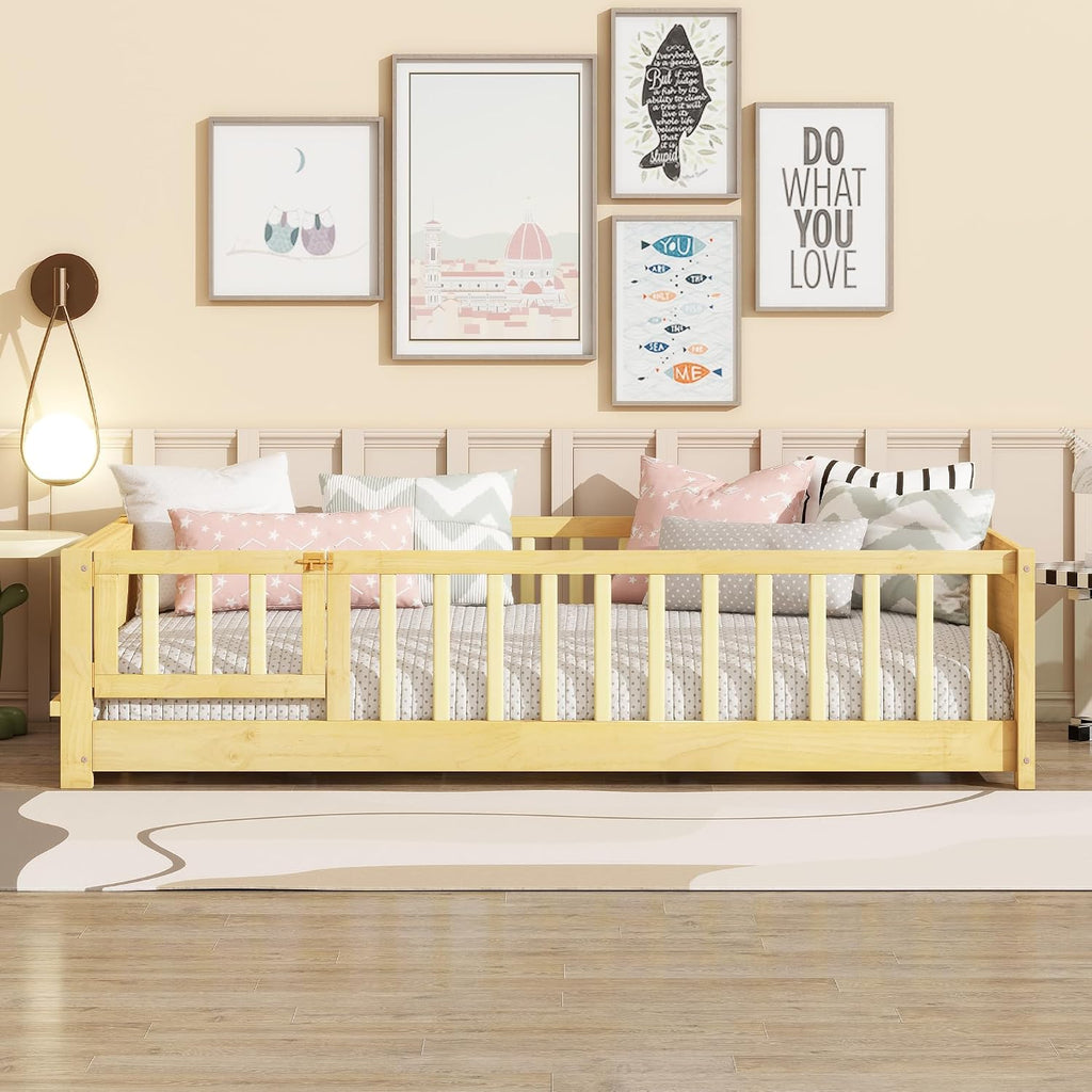 Montessori Floor Bed with Side Bookshelf, Natural, With Door