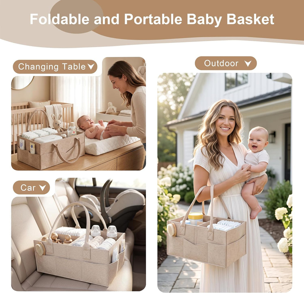 Beige 3 Tier Rolling Diaper Caddy Cart with Wheels and Detachable Dividers
