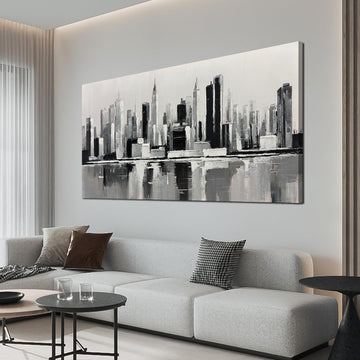 Black and White Wall Art New York City Textured Painting 29x58 Inch