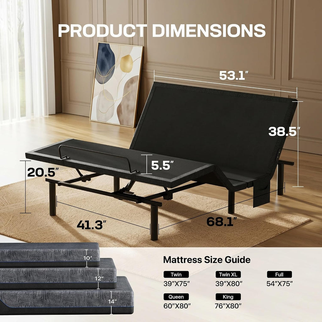 Adjustable Bed Frame Queen Electric Base, Head & Foot Incline