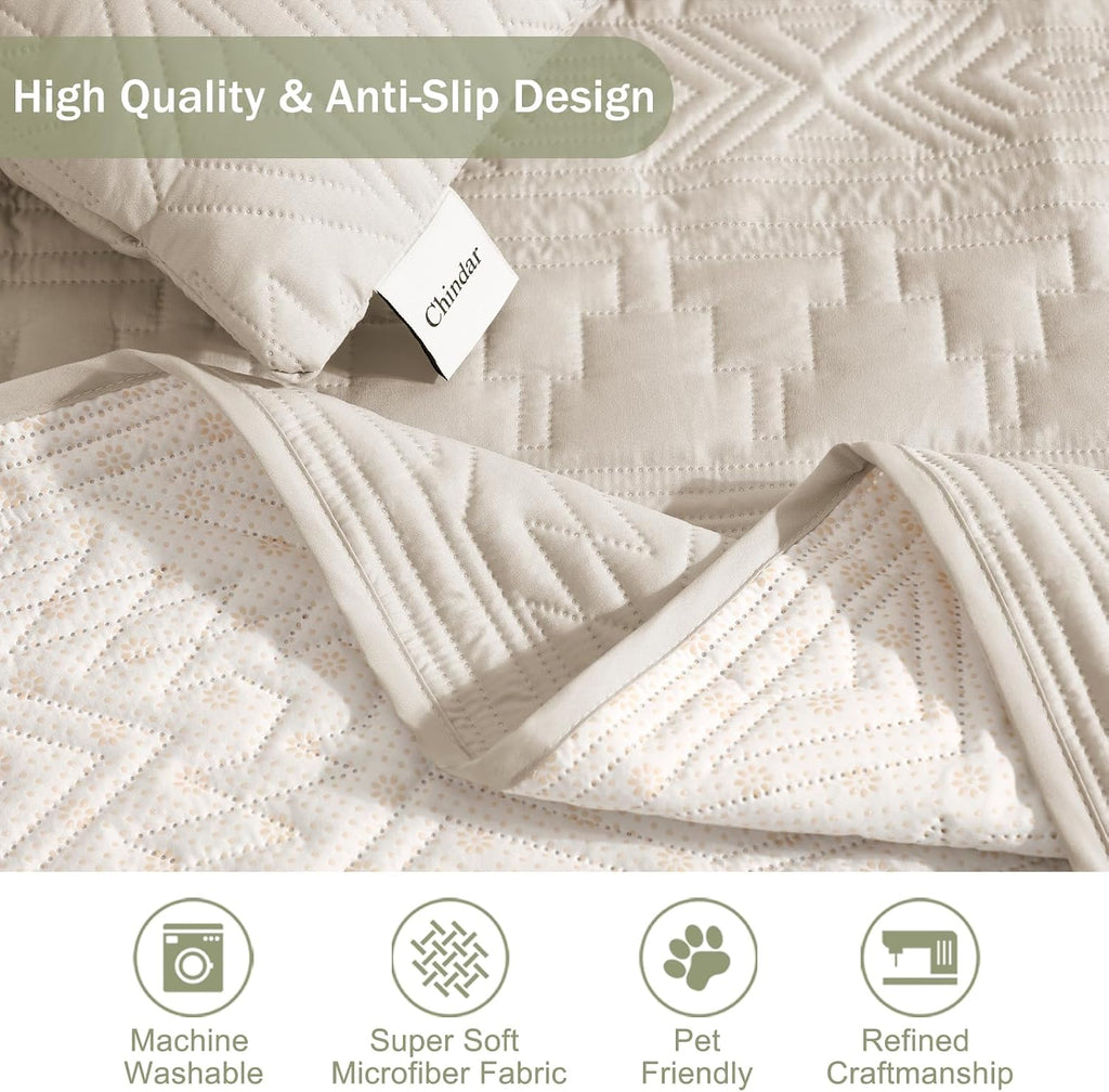 Boho Beige Quilted Recliner Covers, Water-Repellent Recliner Slipcovers, Lazy Boy Chair Covers, Pet Friendly Recliner