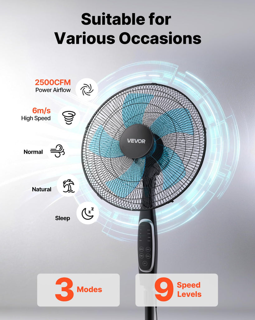 18-Inch Pedestal Fan, 2700 CFM Standing Floor Fan with Remote Control, 9 Speeds & 3 Modes, Oscillating Adjustable