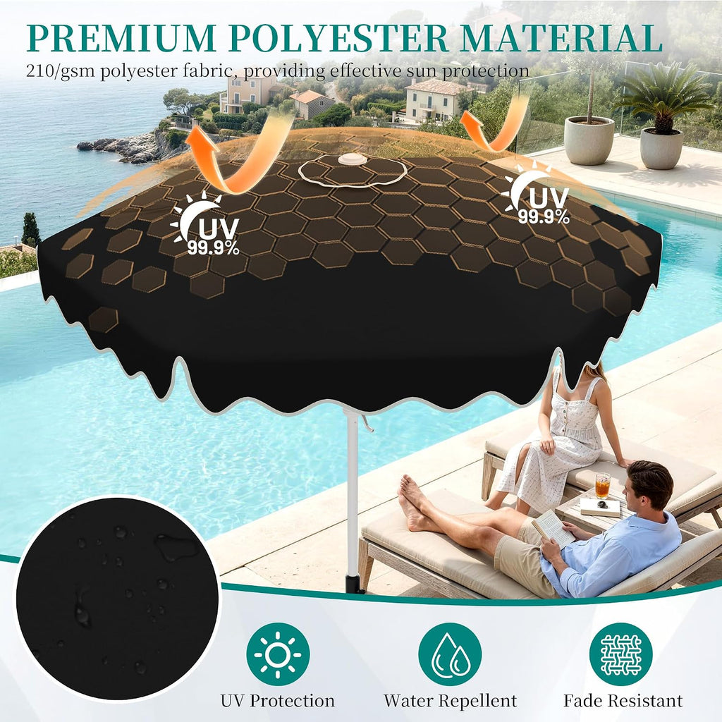 Patio Umbrella with Wavy Trim, UV-Fade-Resistant Canopy, Crank & Tilt - Black 7.5ft