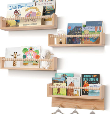 Wall Bookshelves,Set of 4 Natural Wood Floating Bookshelf,Nursery Shelves,Floating Book Shelves for Wall(Burlywood)