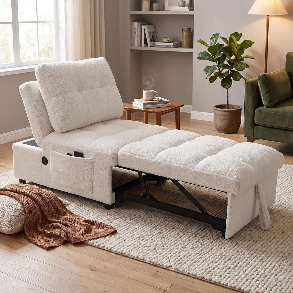 Convertible Sleeper Chair Bed with USB Charging Port, Adjustable Teddy Fabric Sofa Chair Bed with Side Storage