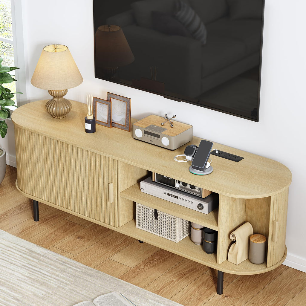 63" Mid Century Modern TV Stand with Sliding Doors for 65" TV