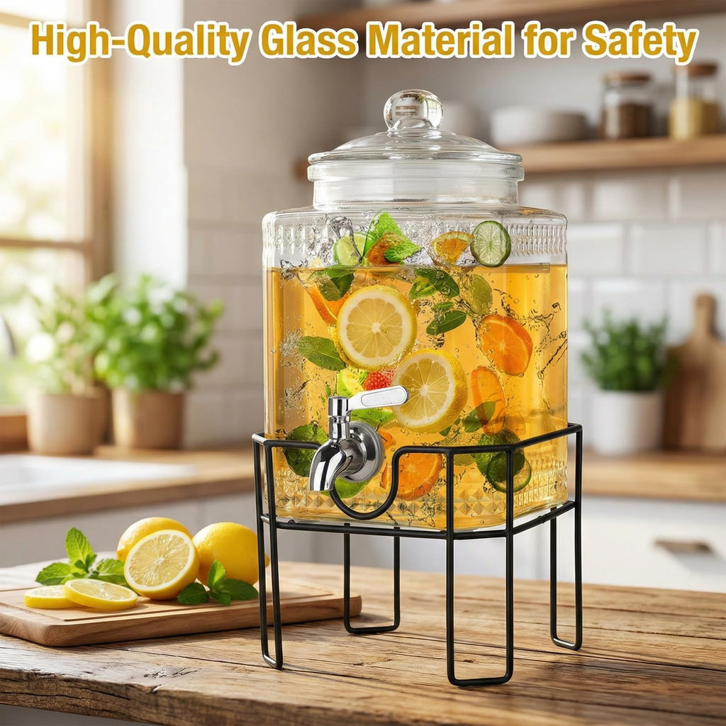 Drink Dispenser, Drink Dispensers for Parties, 1 Gallon Glass Beverage Dispenser with Stand and Glass Lid, 100%