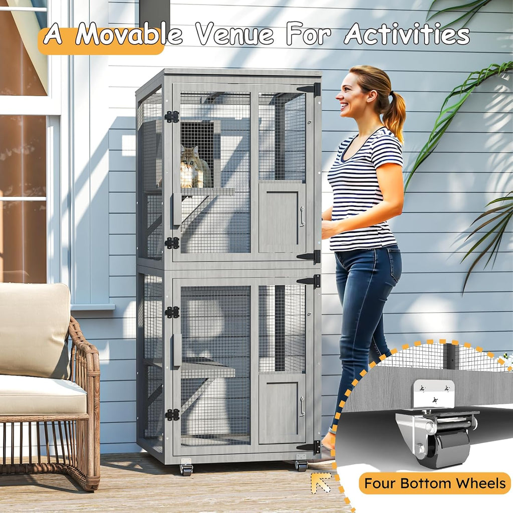 4 Tiers Catio Outdoor Cat Enclosure, Indoor Cat House with 4 Wheels, Grey