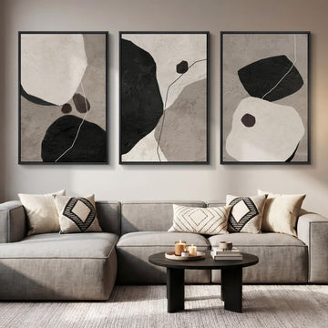 Large Framed Black and White Abstract Wall Art, 3 Piece Set, Each 24x36 In