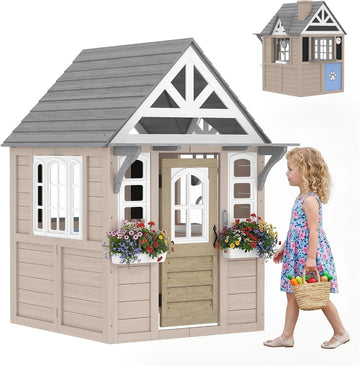 Kids Outdoor Playhouse Wooden Kids Cottage with Dog Door Ages 2+ Gray | Cookware, Planter Box, Bell, Blackboard