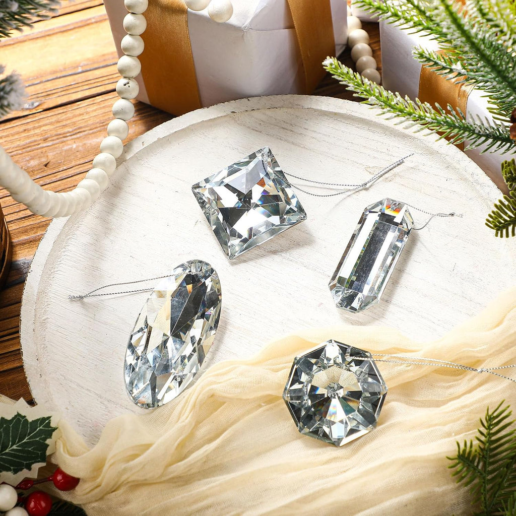 Silver 8 Pcs Crystal Jewel Ornaments for Christmas Tree, 1.2"-3.5"