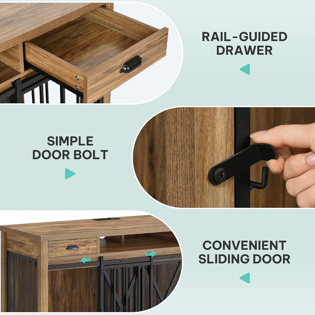 Double Dog Crate TV Stand with Charging Station for 2 Dogs