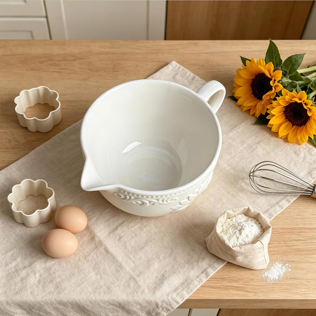 Sunflower Embossed Ceramic Mixing Bowl, 1 Quart Batter Bowl, with Pouring Spout and Handle