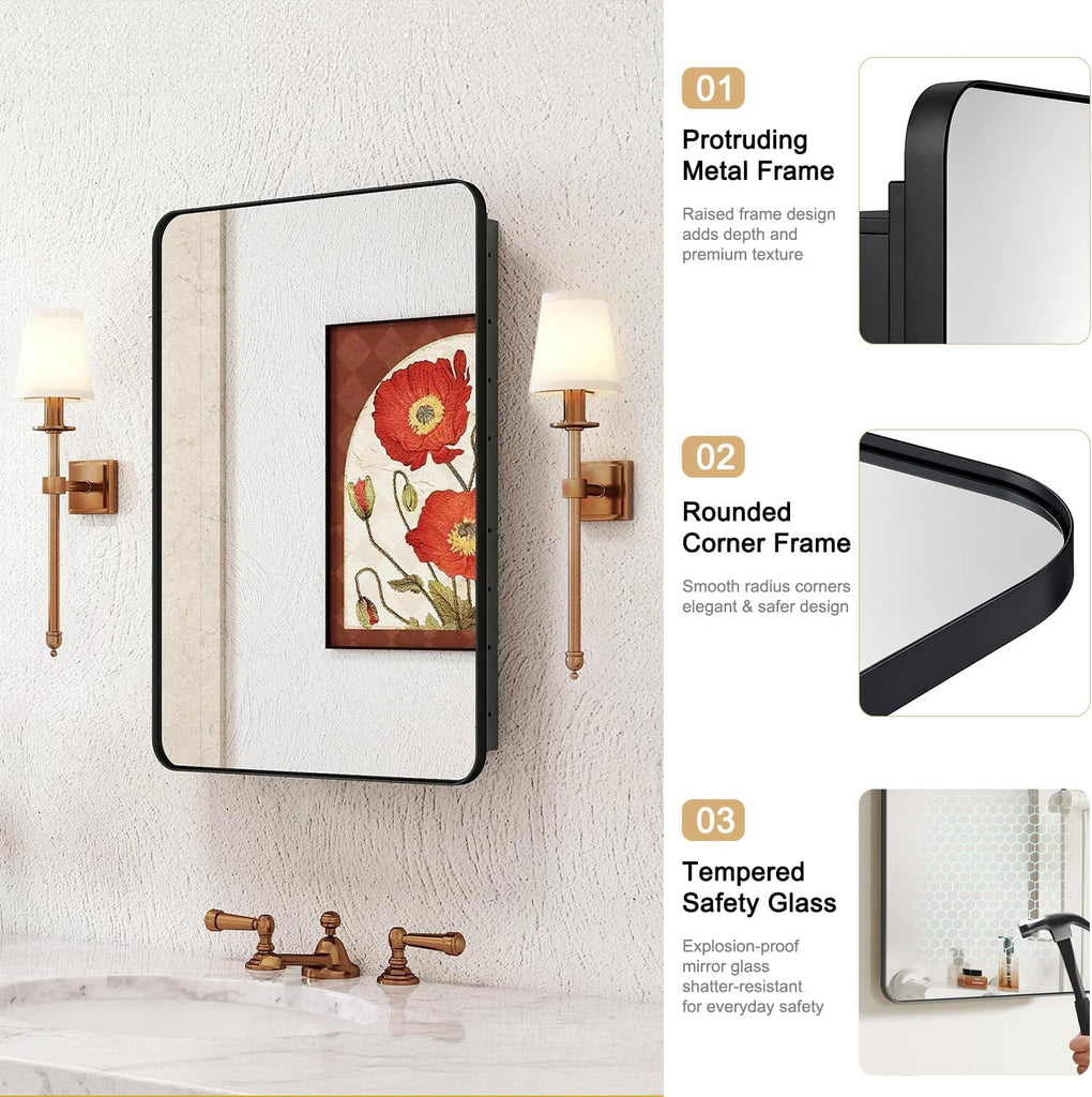 16x24 in Medicine Cabinet with Mirror , Matte Black | Fully Assembled; Recessed or Surface Wall Mount; Metal Cabinet