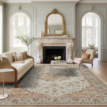 6x9 Area Rugs Machine Washable Rug - Stain Resistant Vintage Floral Medallion Ultra-Thin Low Pile Non-Slip Indoor