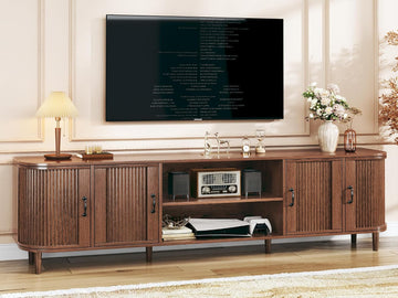 TV Stand for 75 inch TV, Mid Century Modern Entertainment Center for 55/60/65/75 inch TV, with Fluted Door Cabinets &