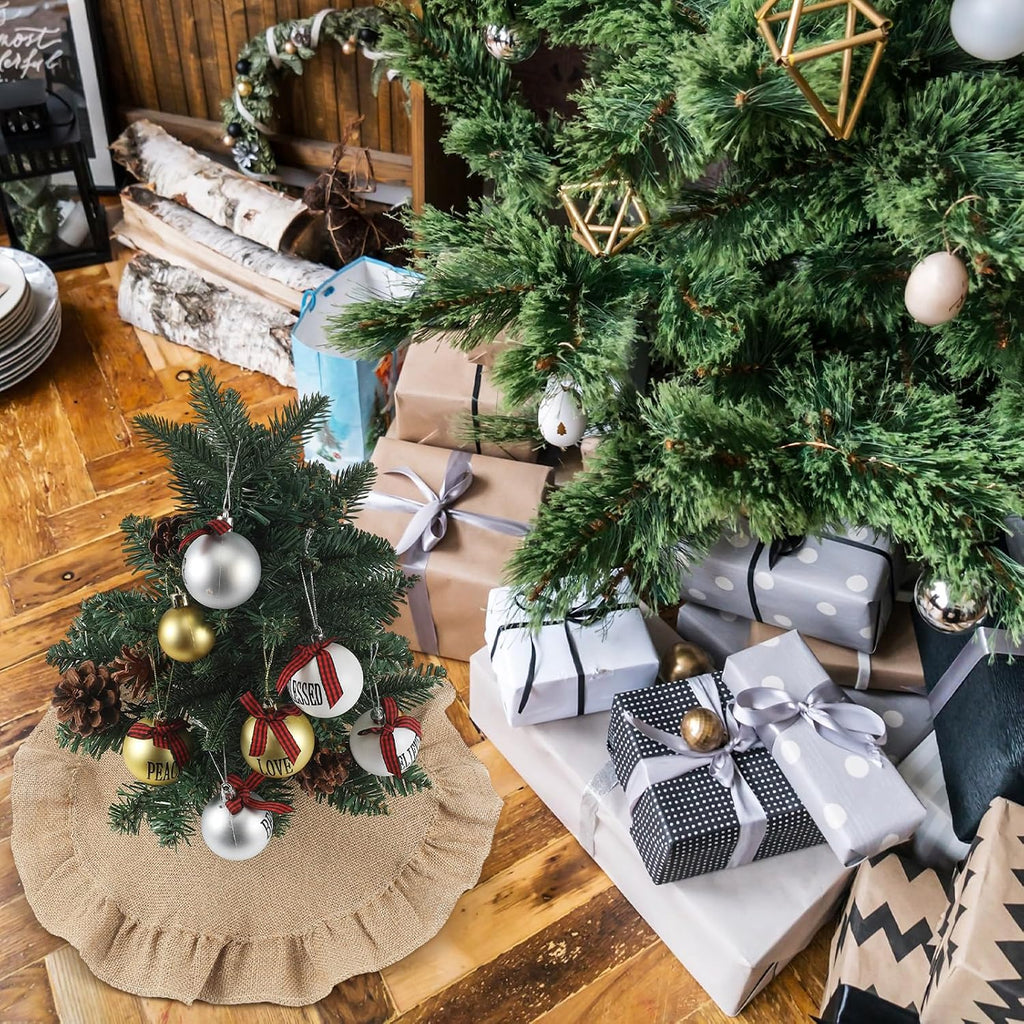 Christmas Tree Skirt 15 Inch Small Xmas Tree Mat for Christmas Holiday Party Decorations(Flax,Farmhouse,Fawn) - Set of 2