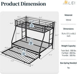 Twin Over Full Bunk Beds with Trundle, Heavy Duty Metal Triple Bunk Bed Frame