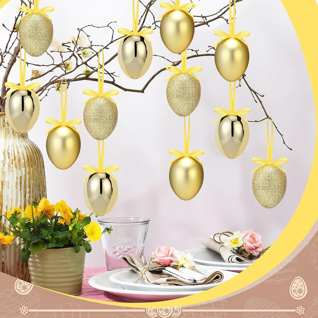 Gold Easter Eggs Tree Decorations Glitter Egg Hanging Ornaments for Easter Basket Home Spring Tree Decoration - Set of 12