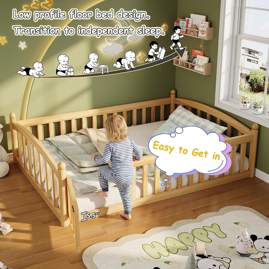 Floor Bed with High Rails, Montessori Bed Frame with Wood Slats and Door, Montessori Floor Bed for Kids
