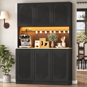 71" Black Kitchen Pantry with Power Outlet & LED Light, Large Kitchen Hutch Cabinet with Adjustable Shelf, Modern