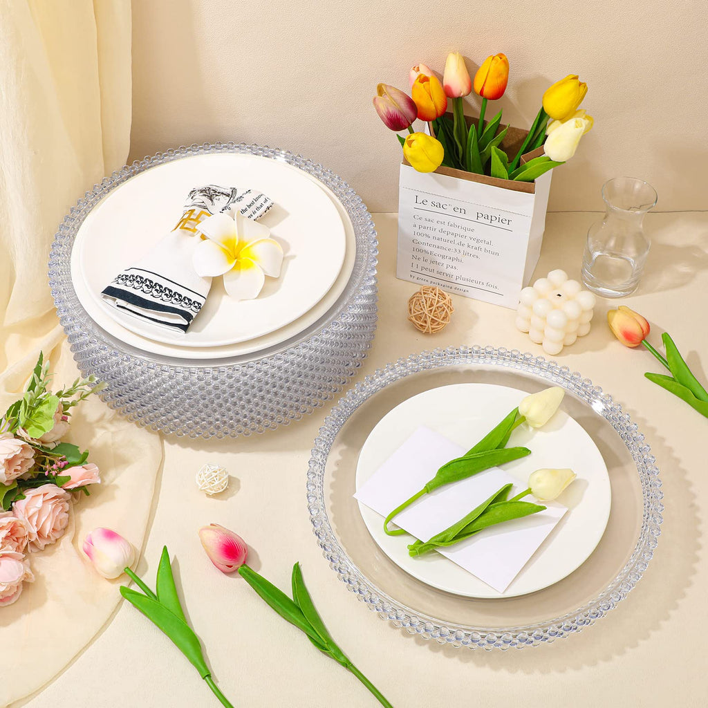 18 PCS Clear Charger Plates with Beaded Rim, Clear
