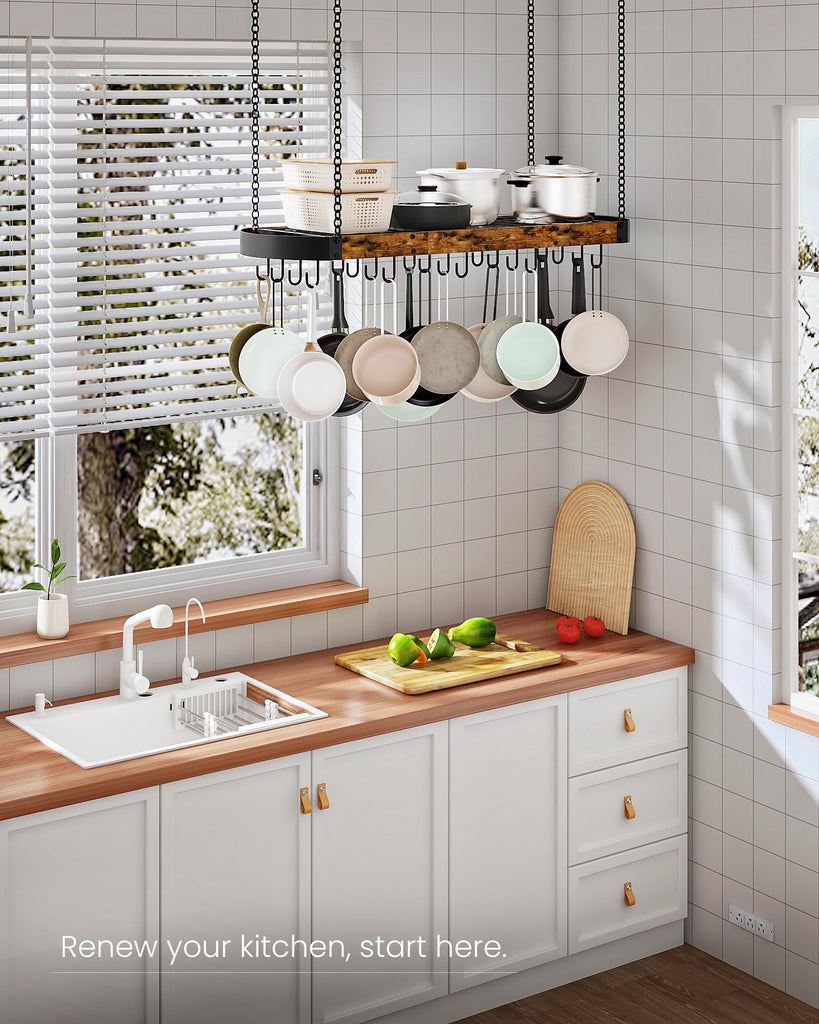 Hanging Pot Rack, Space-Saving Pot Hanger, Ceiling Pan Hanging Rack with 16 Detachable S Hooks, Sturdy