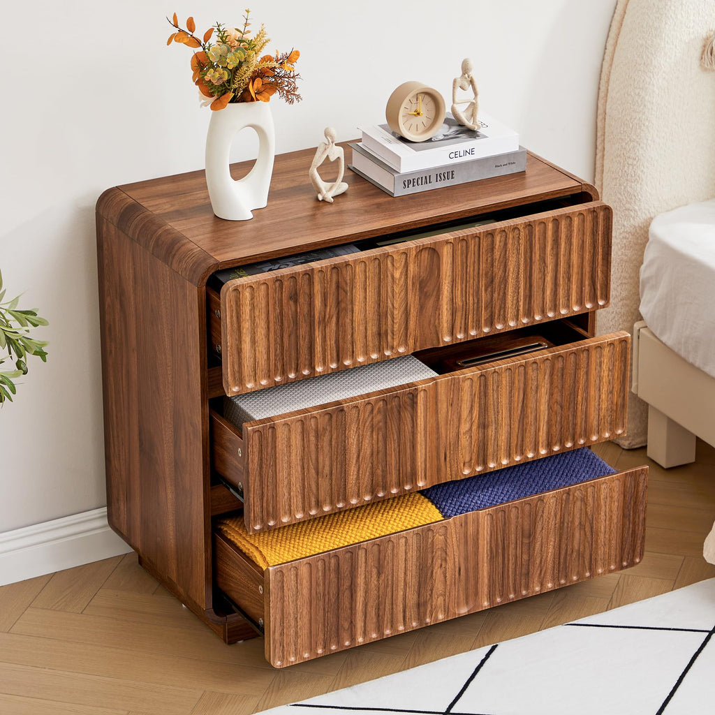 Fluted 3 Drawer Dresser, Walnut, 31.5" Wide, Mid Century Modern