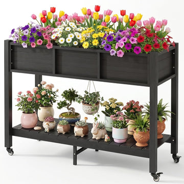 47x18x31in Raised Garden Bed Outdoor HDPE with Legs and Lockable Wheels, Weather-Resistant Poly-Wood Elevated Planter