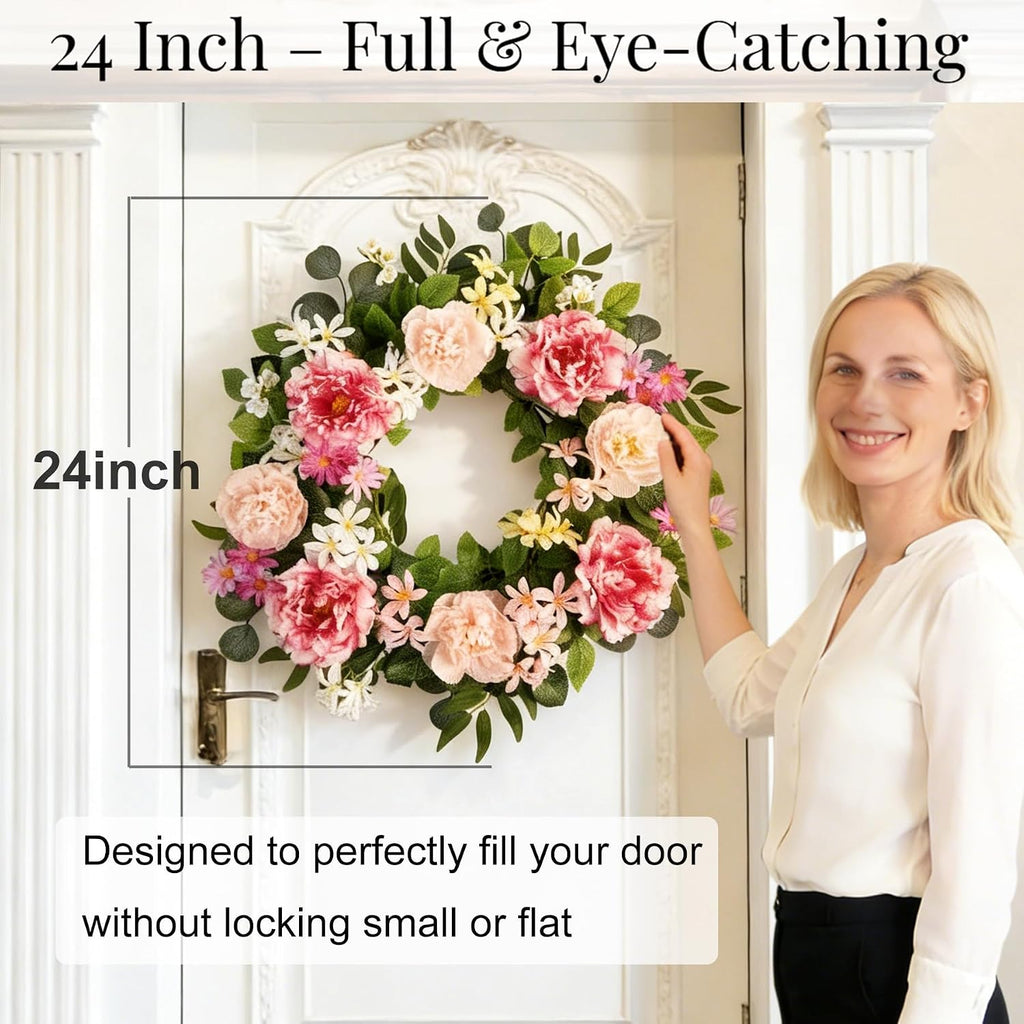 24 Inch Large Front Door Wreath - Full Artificial Floral Spring Wreath for Front Door, Indoor Outdoor Door