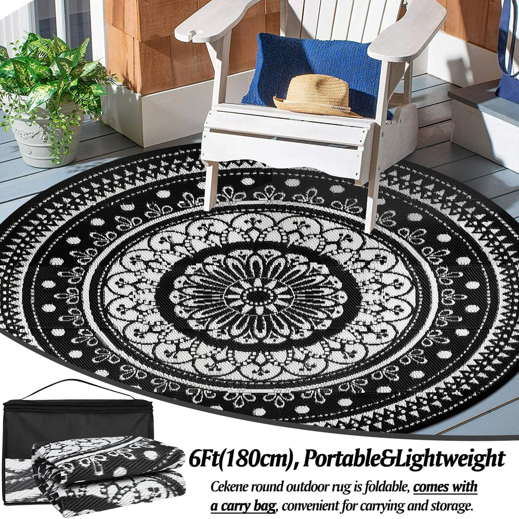 Reversible Outdoor Rugs 6Ft Round Patio Rugs Lightweight Plastic Straw Rug Waterproof RV Camping Mat Portable Area