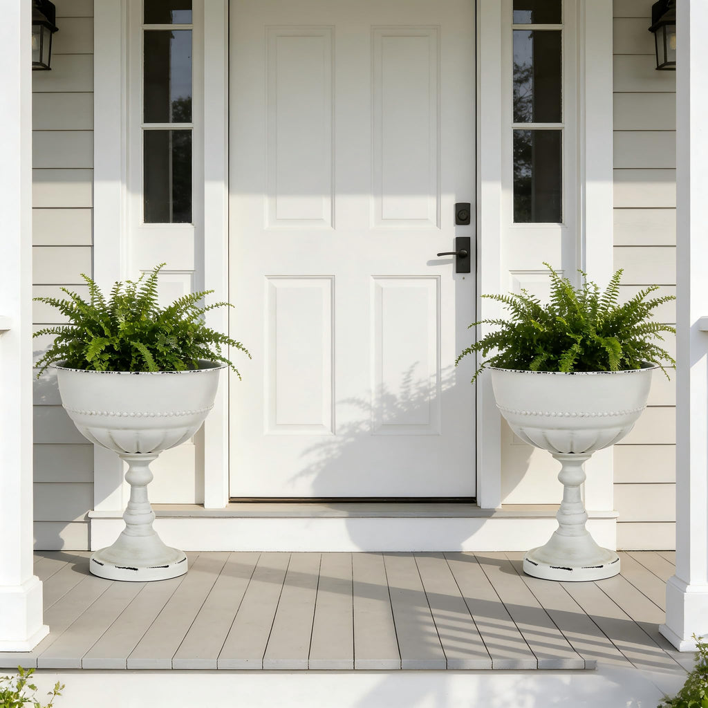 Tall Metal Urn Planters, White Large Flower Pots for Outdoor Plants