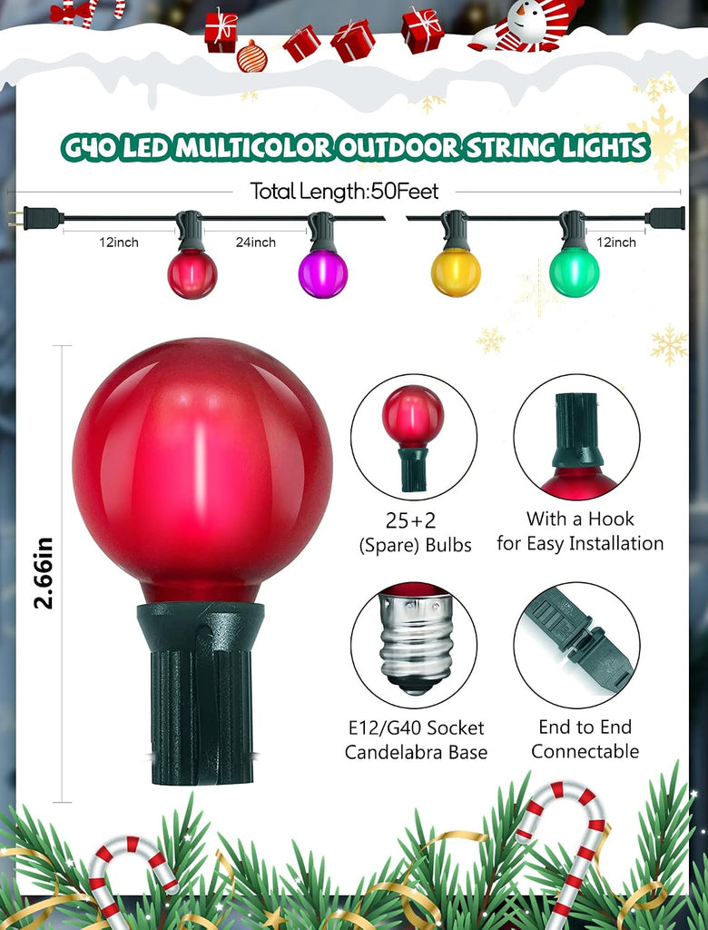 50Ft LED Multicolor Christmas Lights Outdoor, Shatterproof Frosted Globe String Lights with 27 Ceramic Bulbs(2