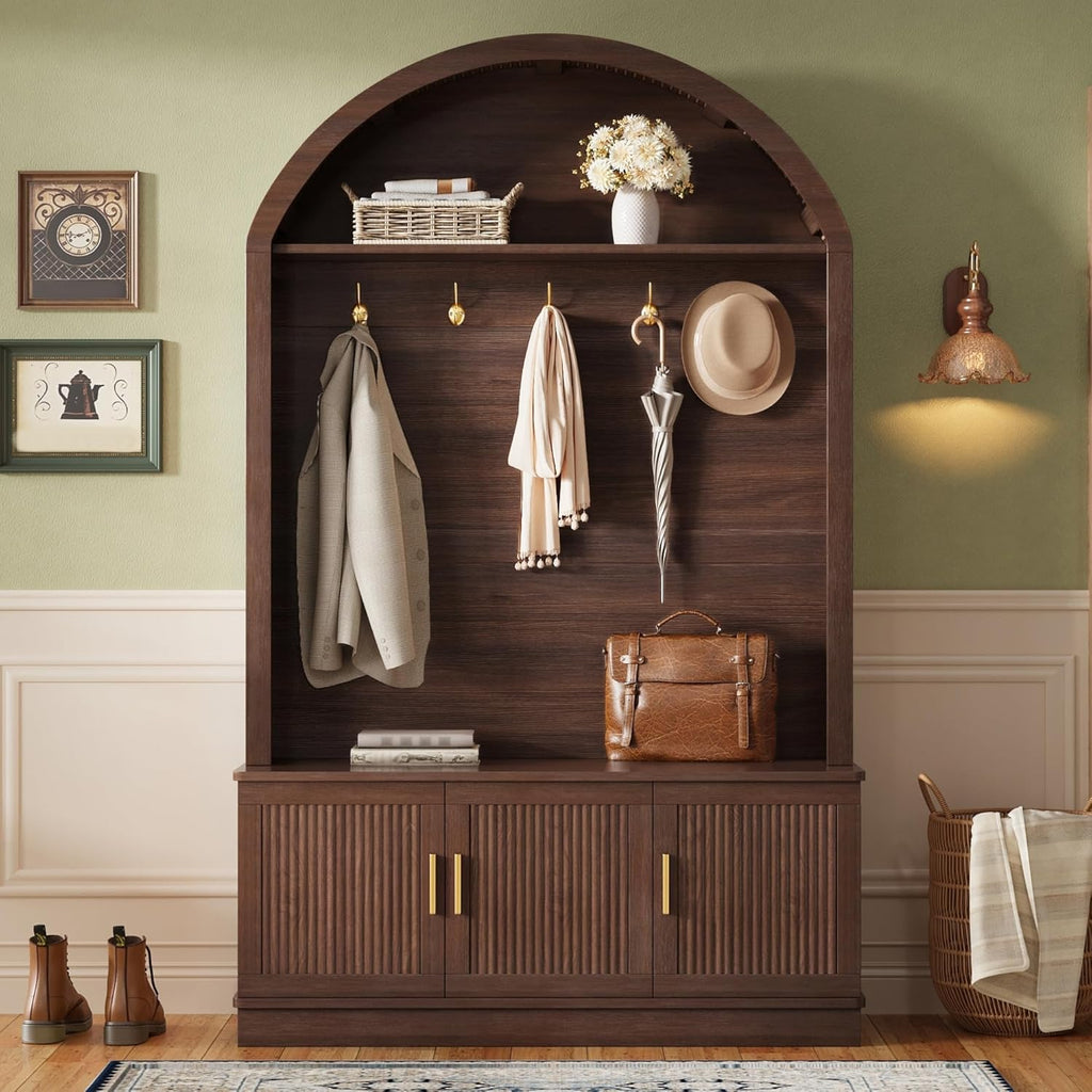 Farmhouse Arched Top Hall Tree with 5 Metal Hooks, All-in-One Mudroom Storage with Adjustable Shelves & Fluted Door