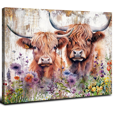 Cute Highland Cow Wall Art Rustic Cows Picture Wall Decor Nursery Room Decor Farmhouse Wildflower Scottish Cow