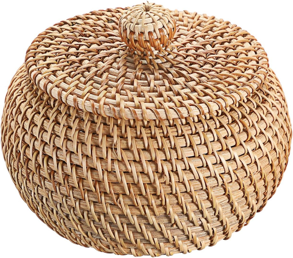 Round Rattan Basket Box with Lid Wicker Storage Baskets Bin, X-Small