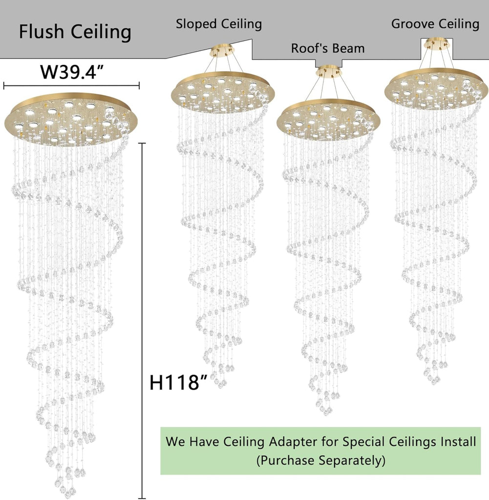 W40 x H118 Inches Crystal Glam Chandelier Long Light Chandeliers with Dimmable Light Bulbs Gold High Ceiling Pendant Light Fixtures for Foyer Entryway Living Room Stair Large A100-B0F1FP2FWP