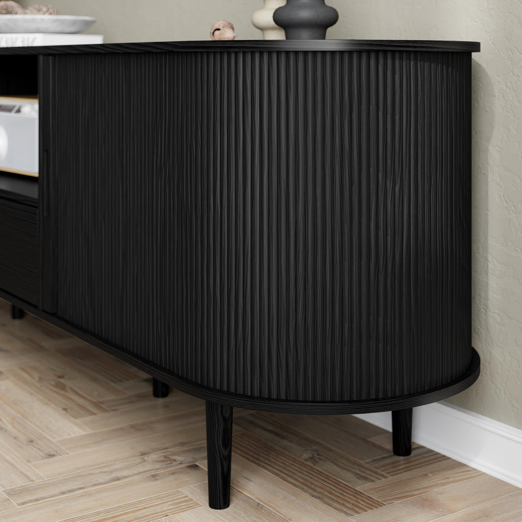 71" Fluted TV Stand with Power Outlet for TVs up to 80", TV Console with Adjustable Shelves and Sliding Door, Mid